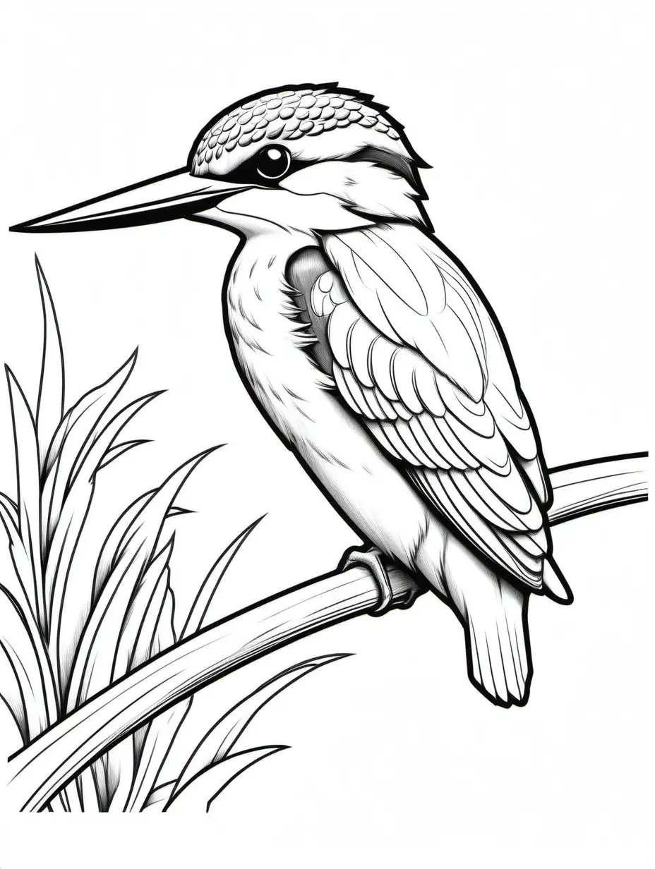 KINGFISHER, Coloring Page, black and white, line art, white background, Simplicity, Ample White Space. The background of the coloring page is plain white to make it easy for young children to color within the lines. The outlines of all the subjects are easy to distinguish, making it simple for kids to color without too much difficulty