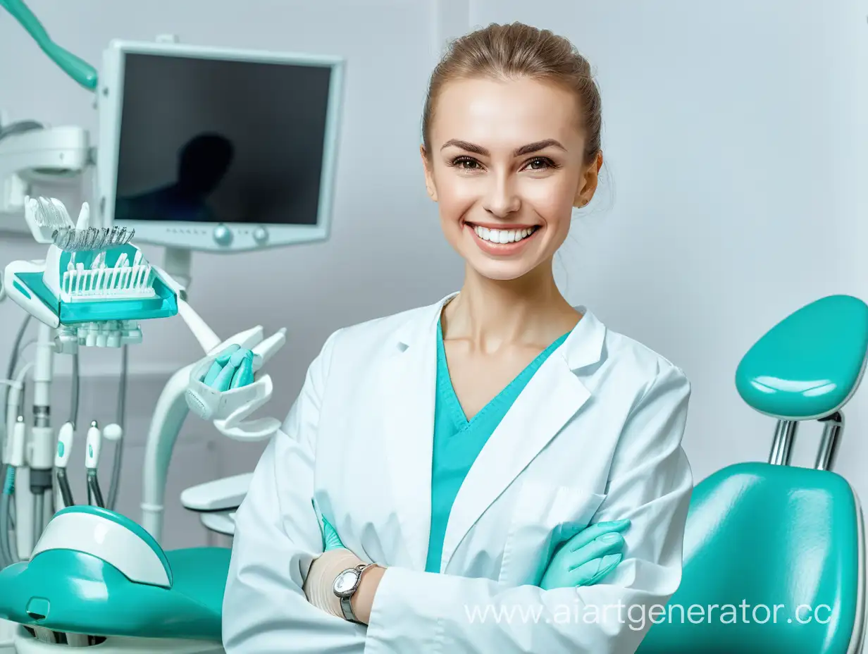 счастливая русская респектабельная женщина стоматолог стоит рядом с медоборудованием для лечения зубов и улыбается