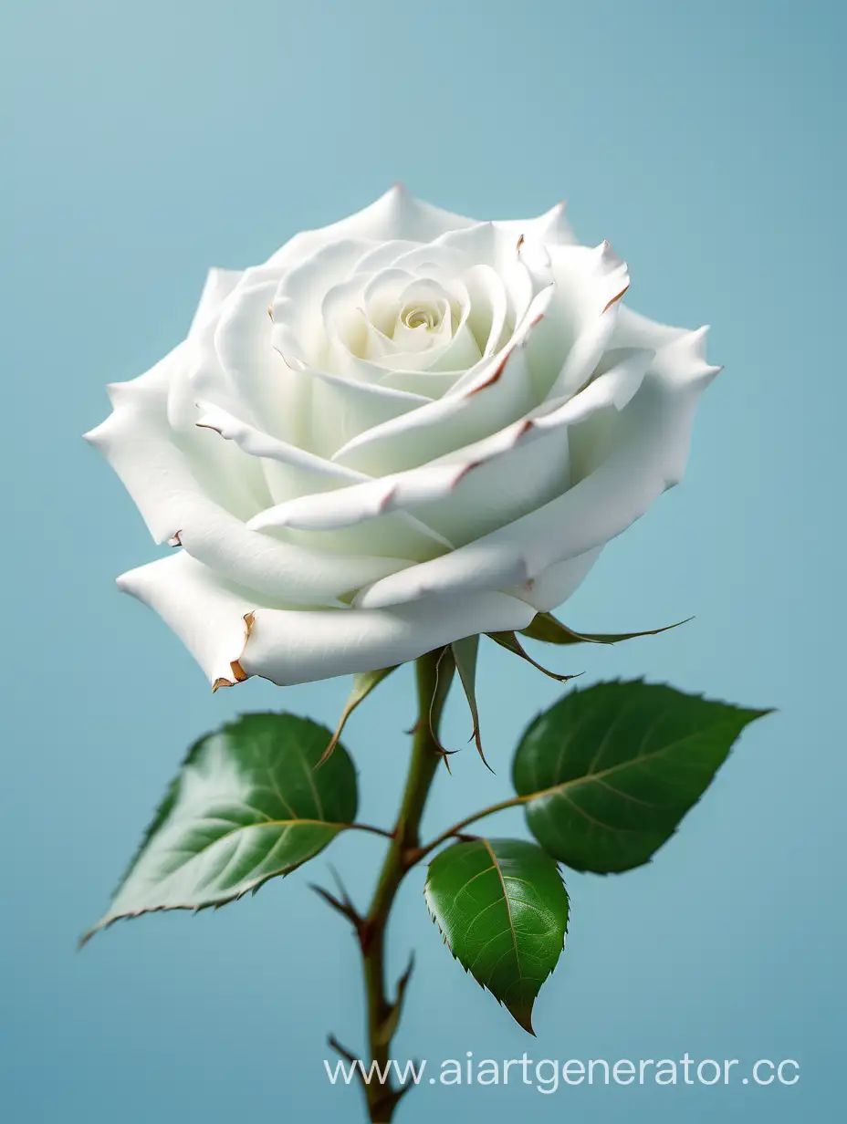 Elegant-4K-HD-White-Rose-with-Fresh-Lush-Green-Leaves-on-Pure-Light-Blue-Background