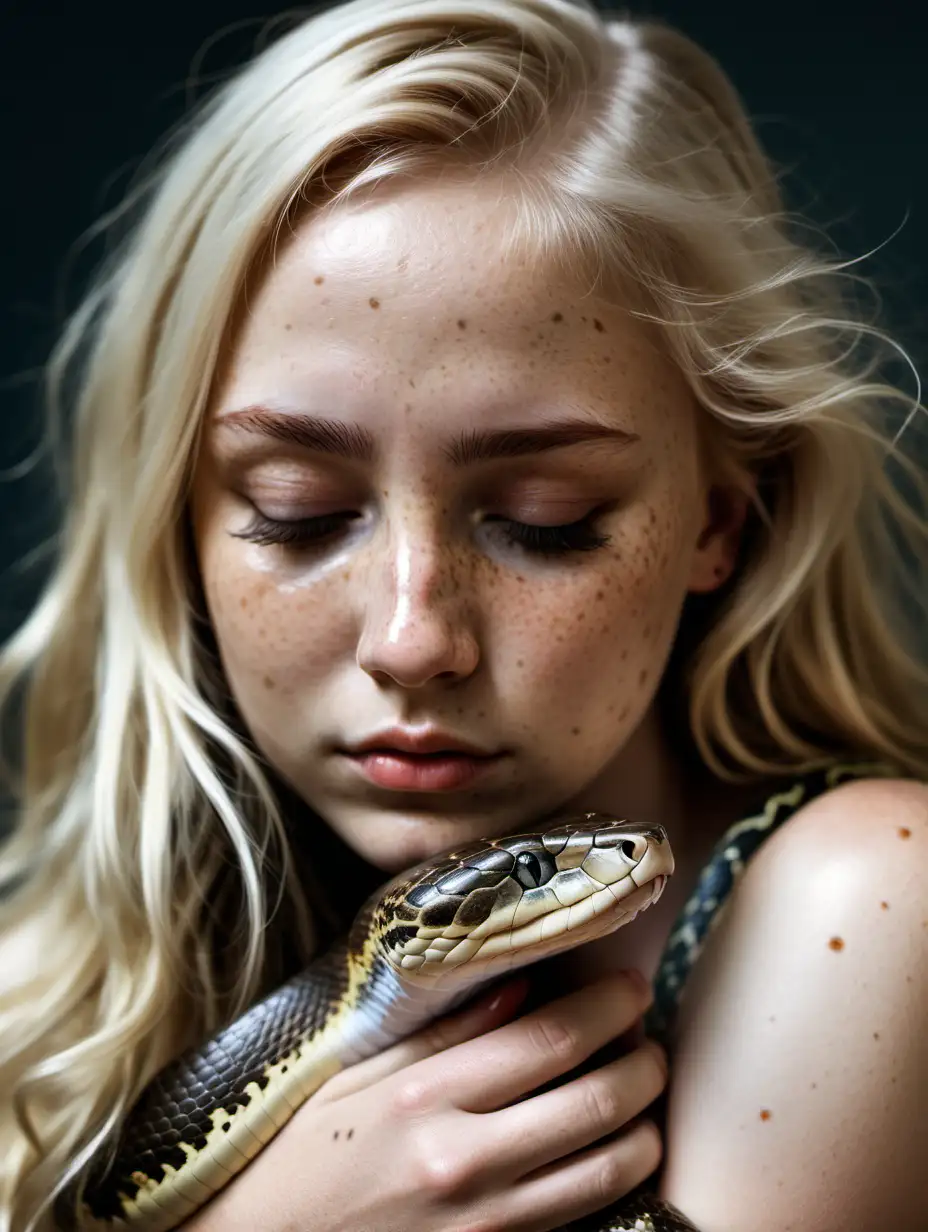 Blonde Girl Embracing Serenity with Closed Eyes and Freckles while Hugging a Snake