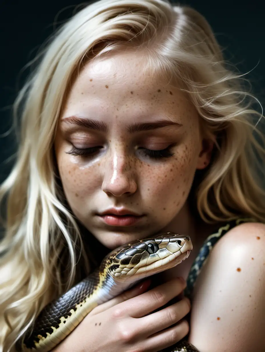 Niña muy guapa, ojos cerrados, con pecas, cabello color rubio,, abrazando una serpiente 