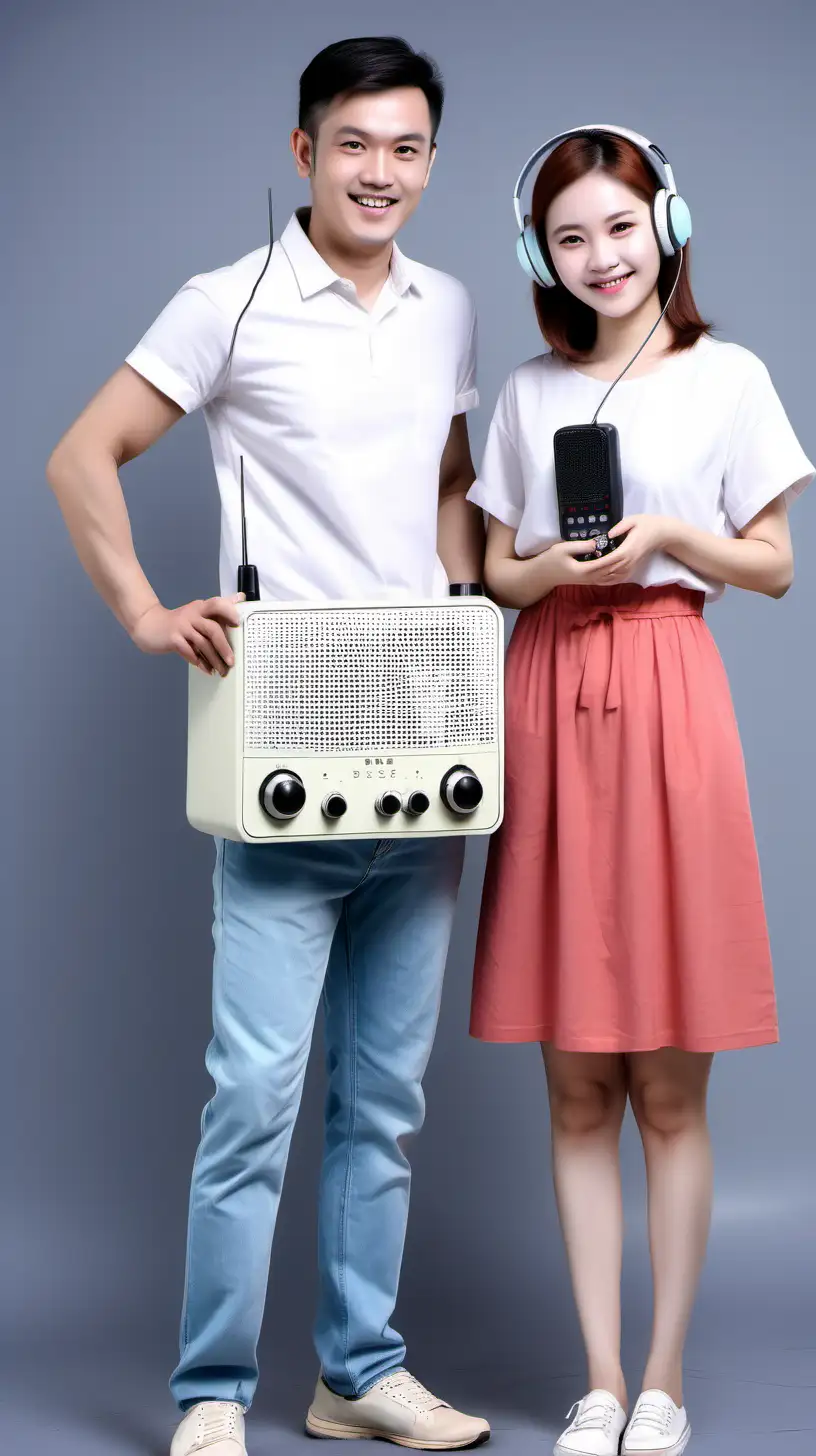 Happy Couple Enjoying Modern Radio Together in Casual Attire