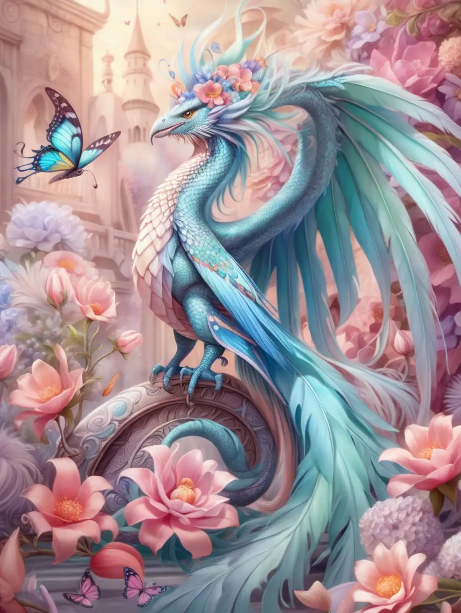 fantasy style, dragon-bird with beak and long tail feathers, pastel and beautiful, floral explosion, butterfly attendant, depth of field