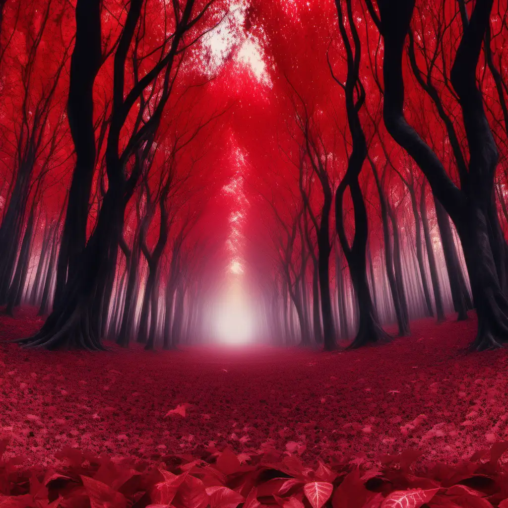 Enchanting Celestial Forest with Vibrant Red Leaves