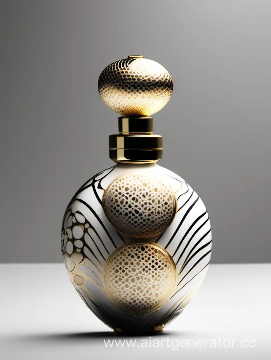 luxury perfume golden bottle and zamac cap, white and black, curvilinear oval with white and golden 5 circles inside decorative motif 