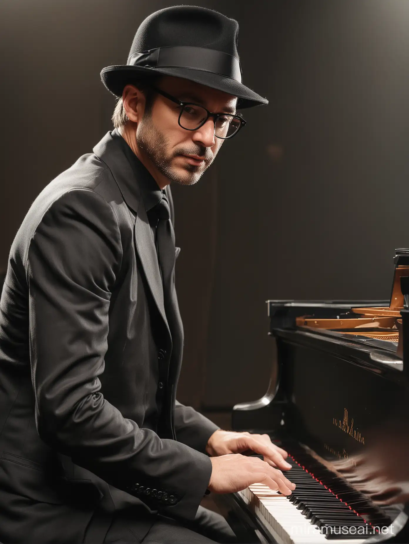 Close up Men 46 years old, handsome, wearing fedora hat, glasses, playing old grand piano on stage, facing the front of the audience , full body, detiles.