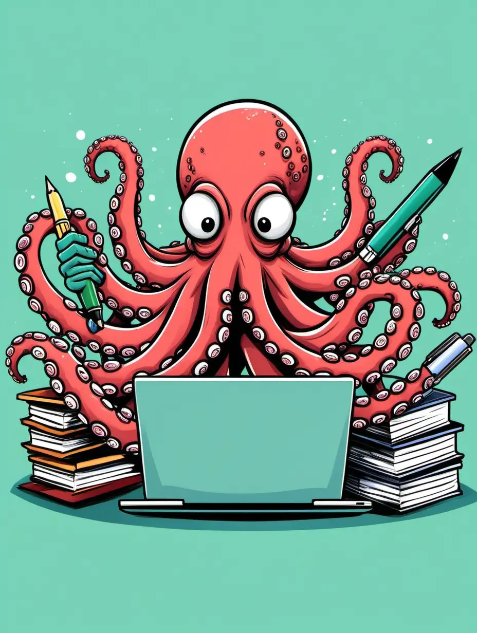 busy cartoon octopus holding pens, laptop, etc