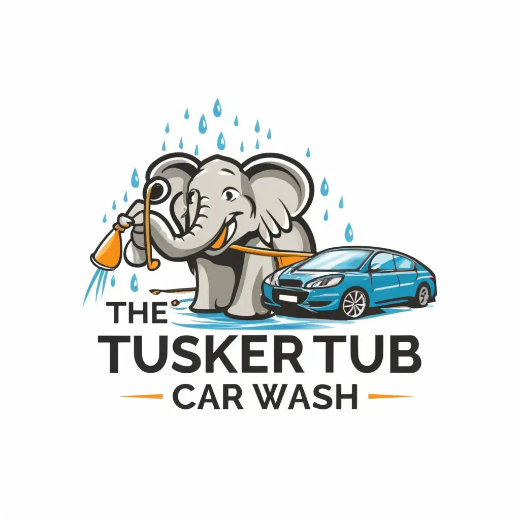 LOGO-Design-for-The-Tusker-Tub-Car-Wash-Playful-Elephant-Spraying-Car-with-Trunk-on-Clear-Background