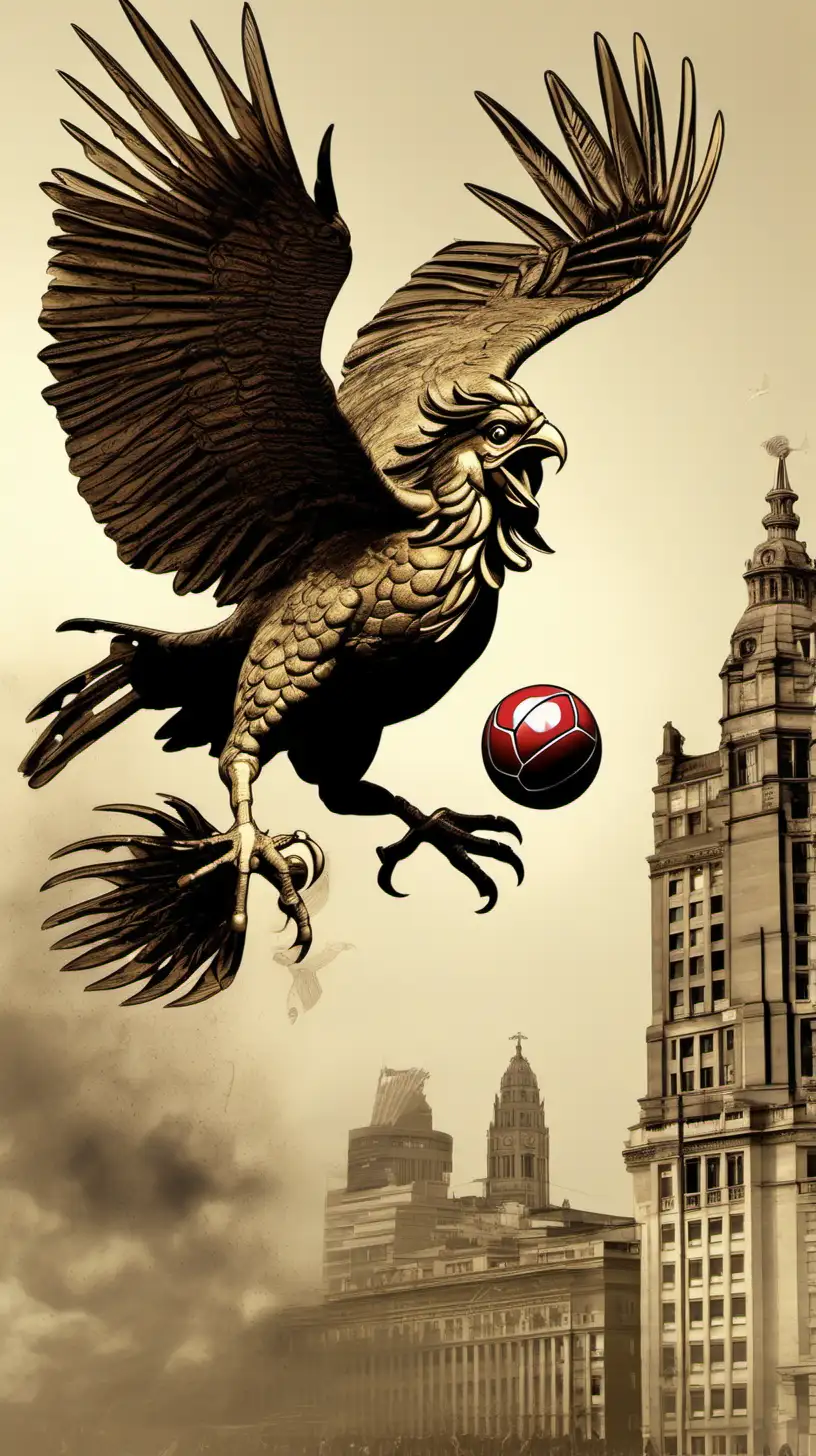 A liver bird gets hit by a ball, depicted as a war scene, digital art
