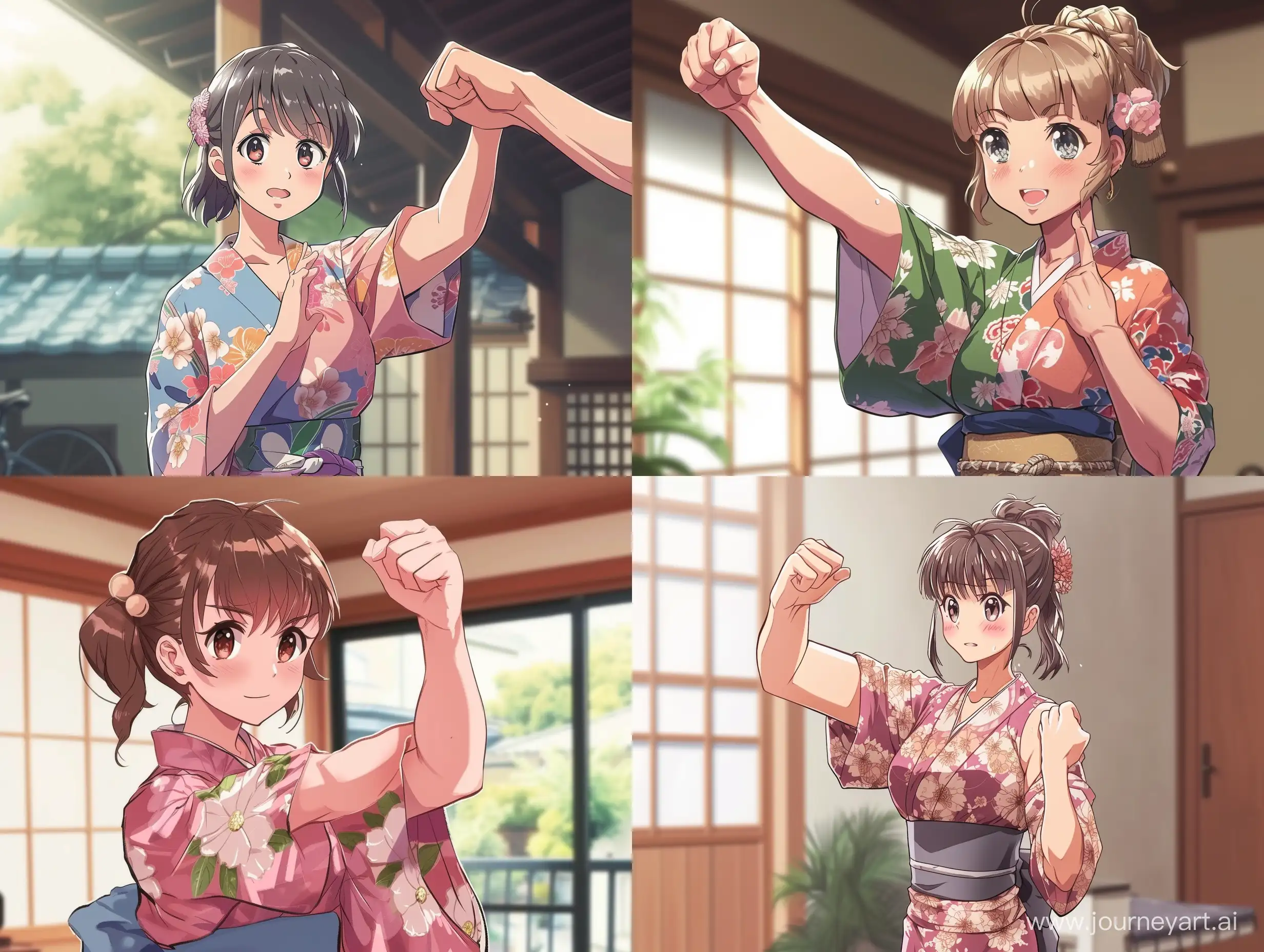 an anime scene, a girl in kimono make a confident pose, she is talking , one hand touch the bicep to prove her strength, cute  --ar 4:3