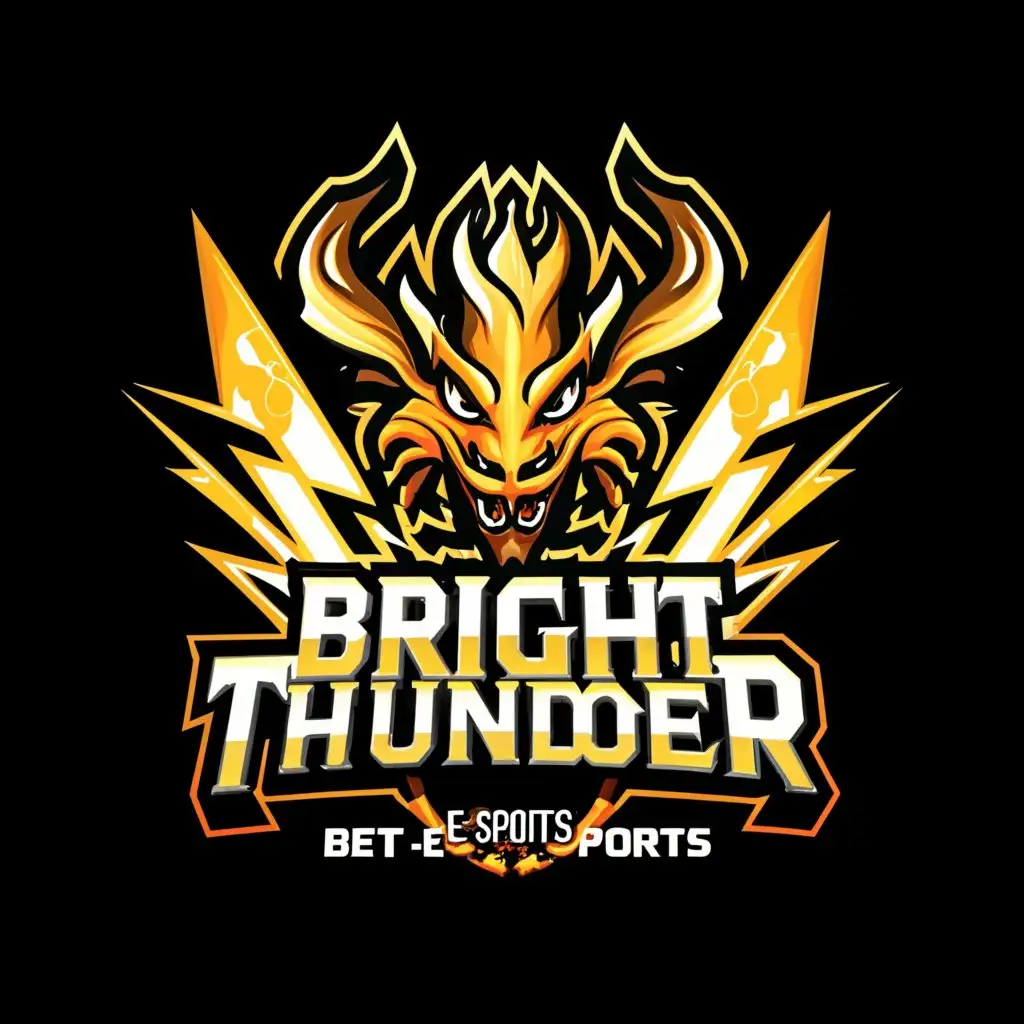a logo design,with the text "BRIGHT THUNDER", main symbol:black background, Dragon, golden Lightning. The world (BT E_SPORTS) under Bright Thunder sentence.,Moderate,clear background