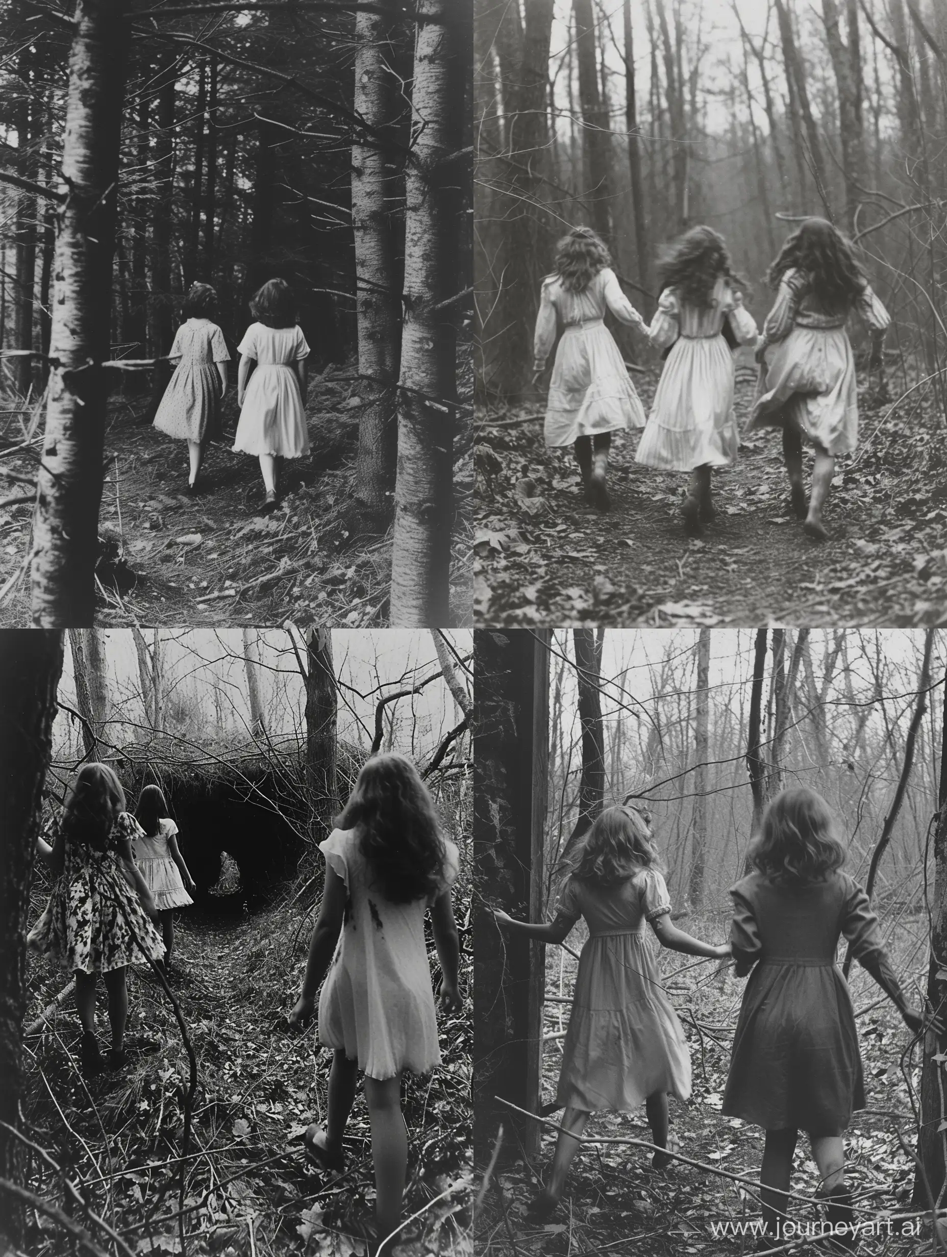 Grayscale photo to evoke folk horror, girls wearing vintage dresses walking in a creepy forest and discover a  portal to hell, nightmare fuel, taken on provia 