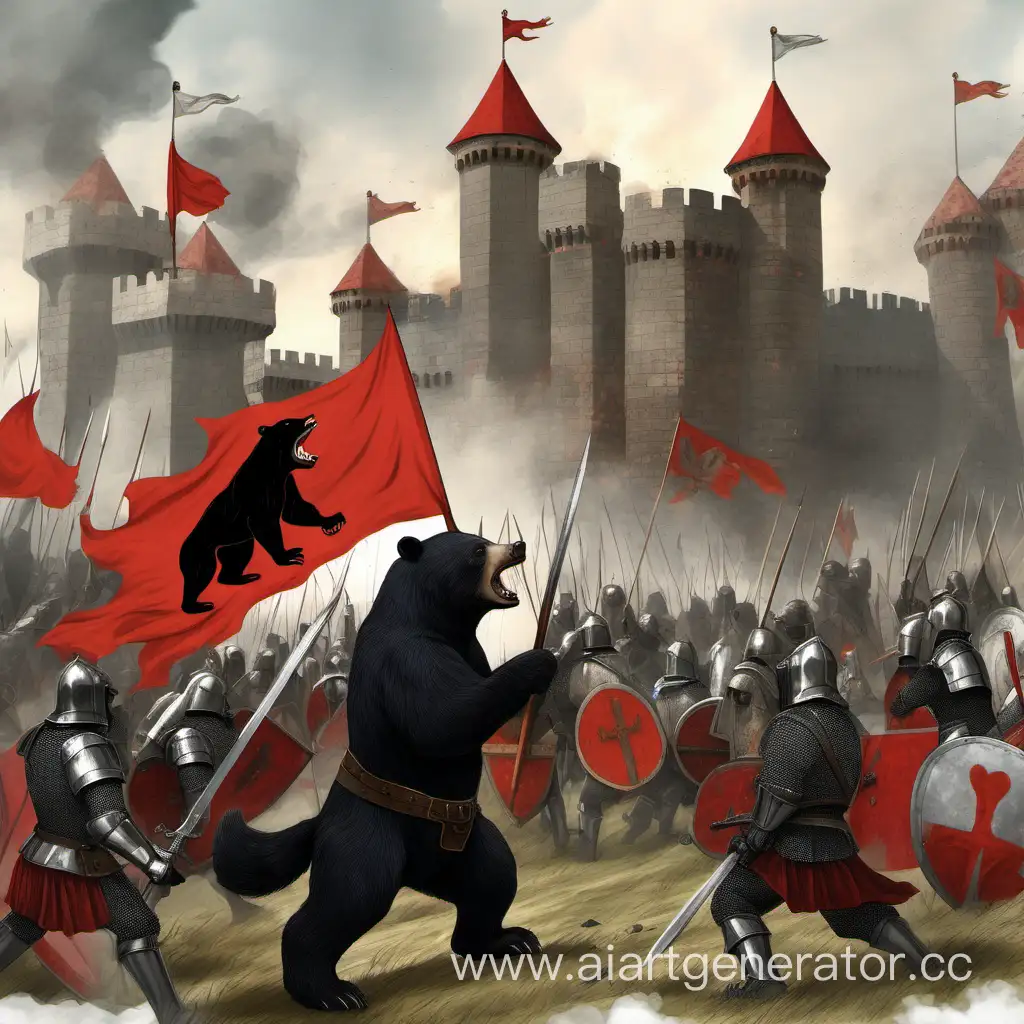Средневековая битва рыцарей с красным флагом с черным медведем  осаждающих замок 
