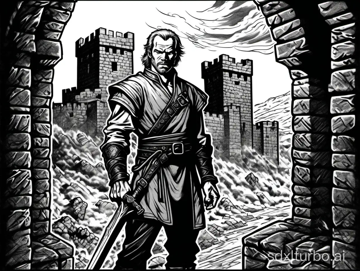 line art, a Jorah:fighter, at his castle, cloudy night, impatient angry expression, dark and moody atmosphere, half body, 1bit bw, black border, style of 1979 Advanced Dungeons and Dragons, by Keith Parkinson,