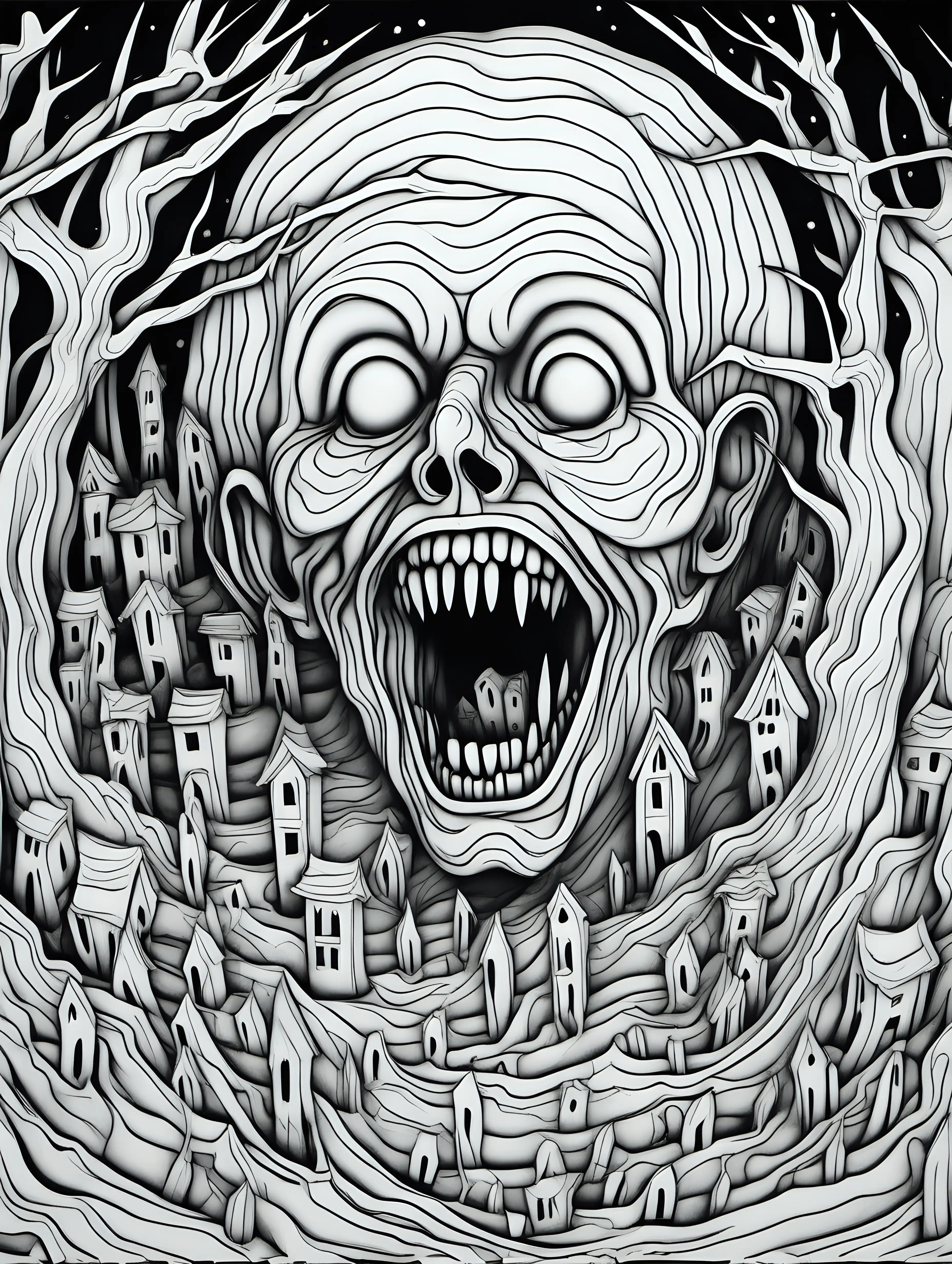 3d coloring page for adults, creepy scary horror, thick black lines
 

