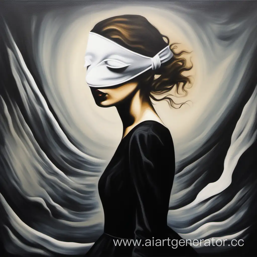 Surrealistic-Painting-of-a-Blindfolded-Girl-in-Black-Dress