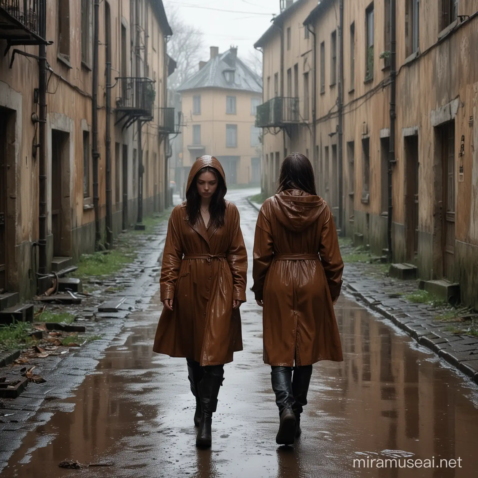 a 20 year old beautiful girl is walking looking down in the rainy street, tarkovsky scene, beautiful and creepy vibes, she is wearing a mysterious brown outfit, her head is covered, the background features a abandoned place. 
