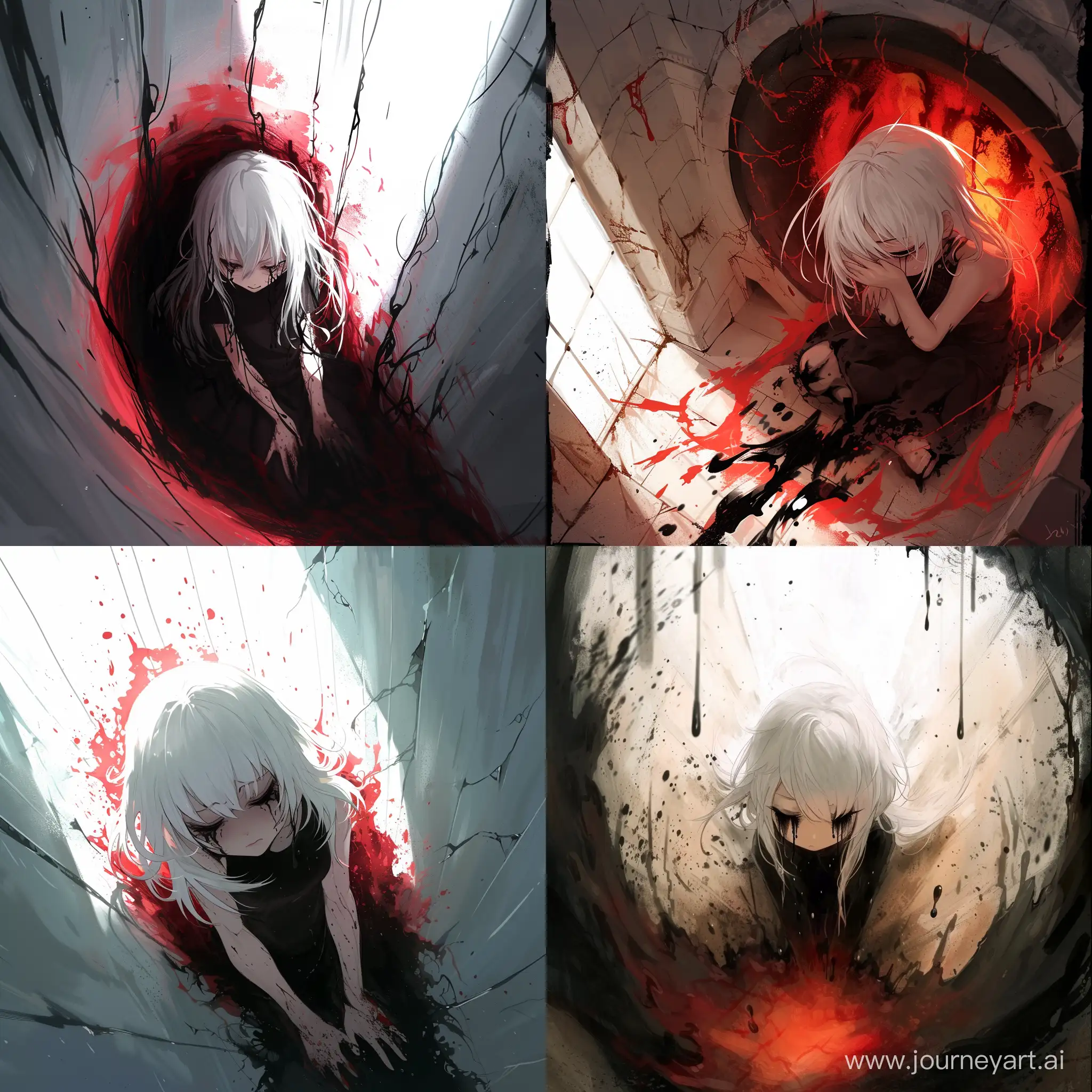 a girl with white hair and black eyes is completely depressed, crumpled in a corner in a very bright sanctuary and black tears are pouring from her and a red aura around her
