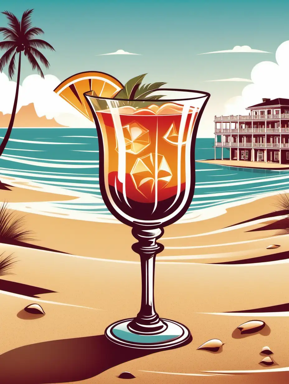 Vector illustration  A hotel in the fifties in a colonial style inside a cocktail glass, standing on the sand by the sea