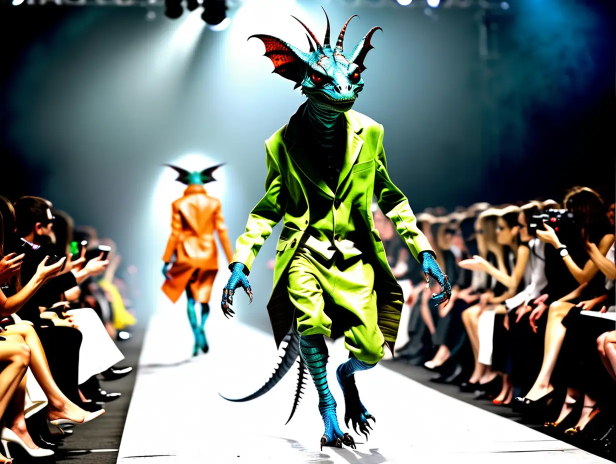 Absurd alien chupacabra reptile in clothes fashion model on runway