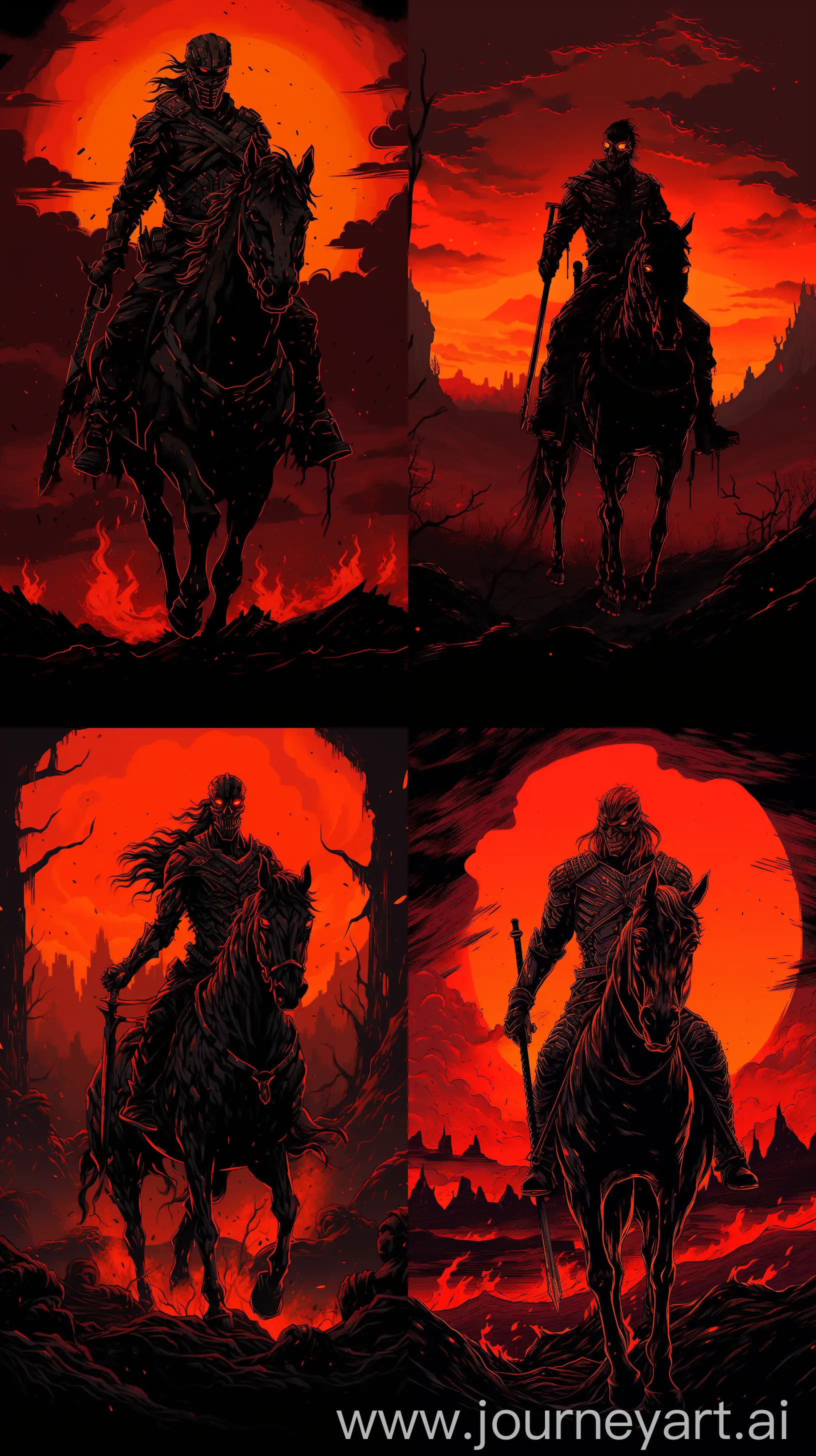 Depict a reimagined version of one of the Four Horsemen of the Apocalypse, adhering to Mignola's aesthetic. The character should be striking, with solid blacks and a minimalistic approach, set against a landscape that reflects the horseman's domain, whether it be war, famine, pestilence, or death. 8k uhd Maximalist Details, phone wallpaper, purple, --ar 9:16 --v 5.2