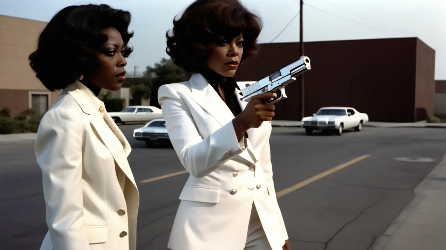 a cinematic scene shot with a Sony cine Alta of a black woman in a all white double breasted suit with a silver Glock with a compensator pointed at a man while she has her high heel on his head wearing a wavy bob hairdo. 1970s