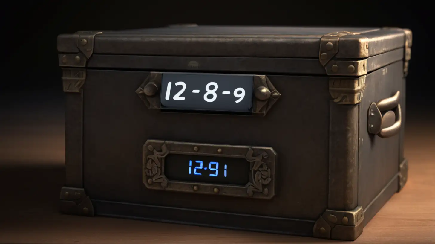 heavy iron box with a digital display on which was written "12.9!" in a drawer in complete darkness 
