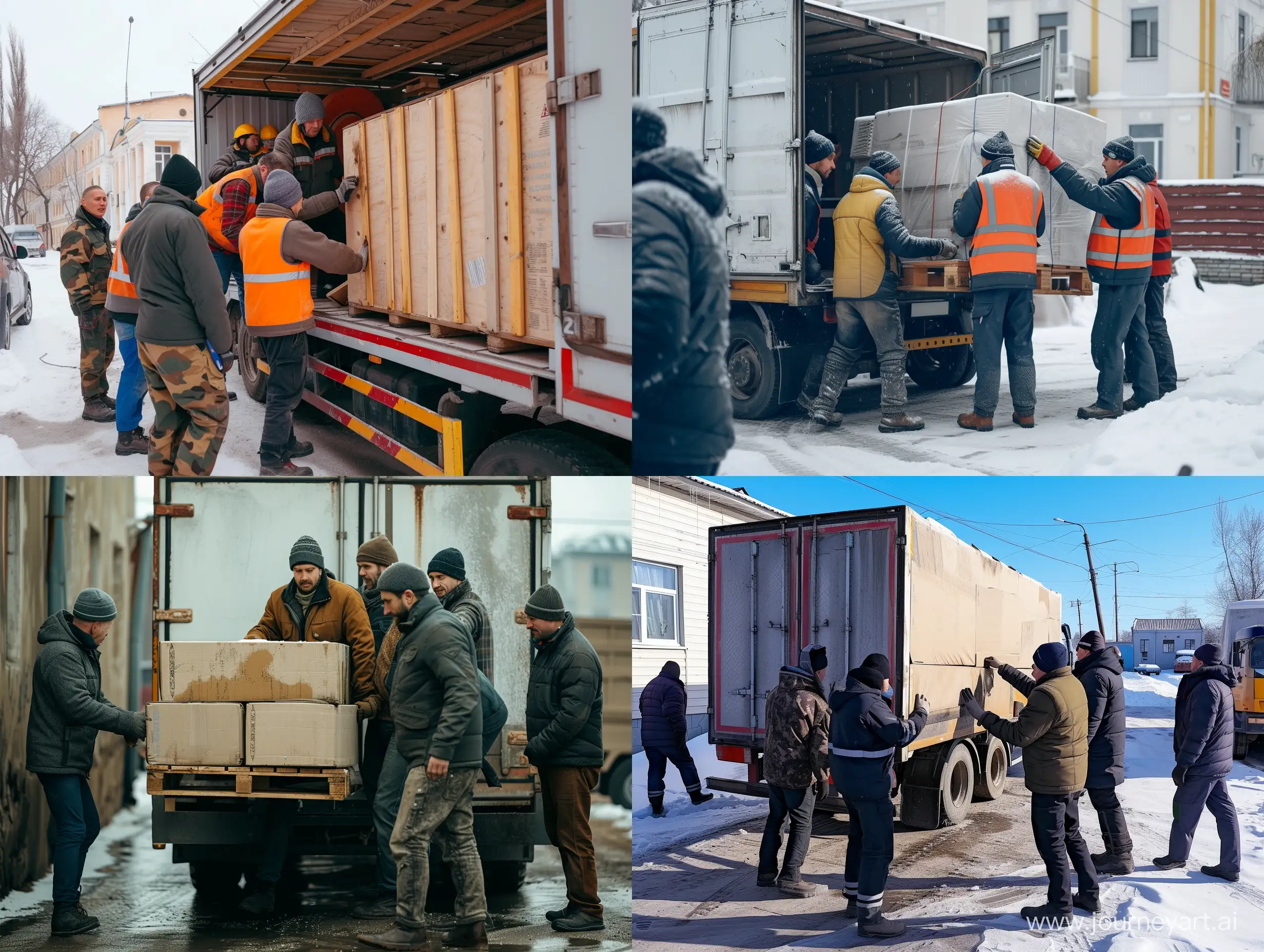 5 handymen unload a truck and one foreman. Photos in realistic quality. The action takes place in Russia