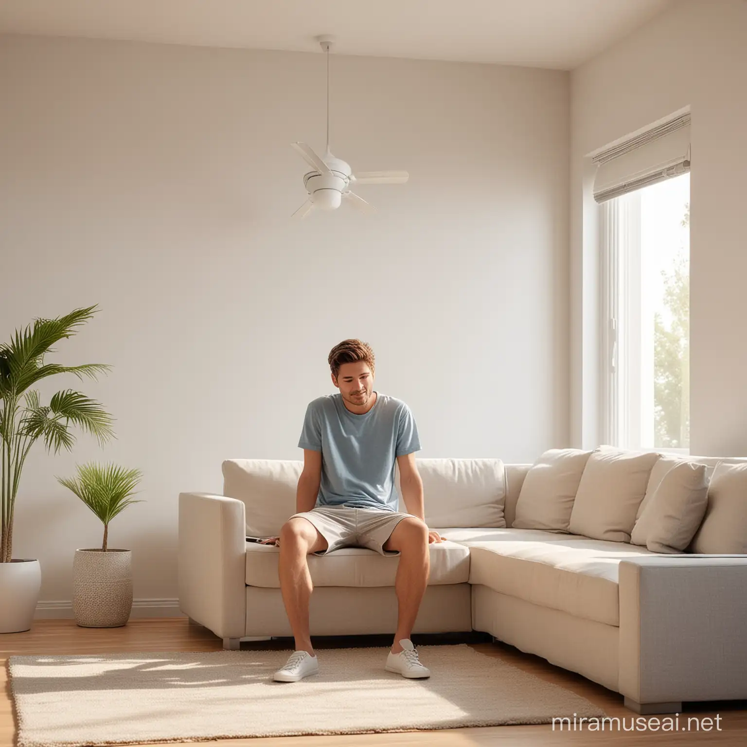 Relaxing Summer Day Person Enjoying Breeze on Couch in Modern Living Room