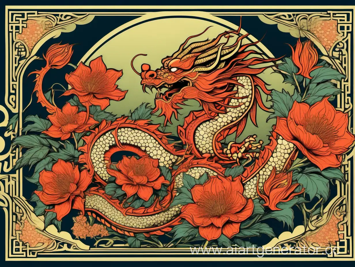 Chinese dragon flower, lot of explosive chinese flowers, pop art poster, alphonse mucha ornamental poster, high contrast colors, macro line art, jornal effect, sticker art, stilized border