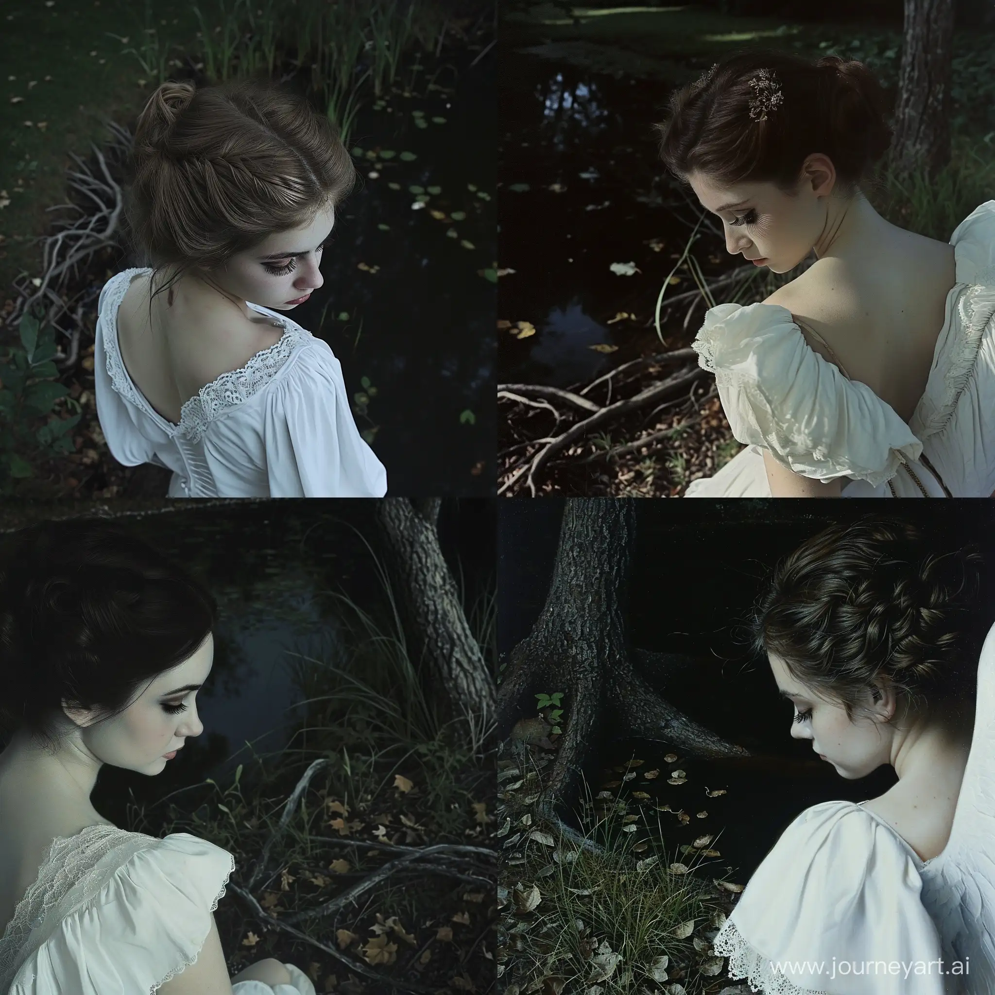 (((Angel's back))) , her head slightly turned towards the camera, eyelashes, ((gaze directed down)), (pre-Raphaelite style: 1.3 ) , white dress, near the pond, darkness, Ivan Nikolaevich Kramsky style, grass, tree roots, leaves on the ground, ((Ivan Nikolaevich Kramsky style))