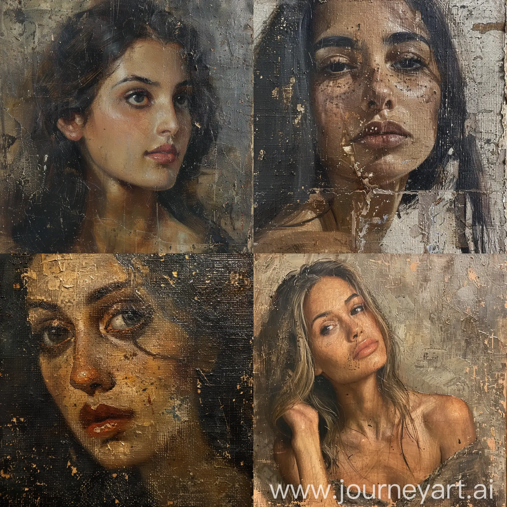 an old oil portrait on canvas of a beautiful woman of 30 years old, an old canvas is visible, the texture of the canvas is visible, an aged canvas is visible, smudges, scratches, stains, dirt