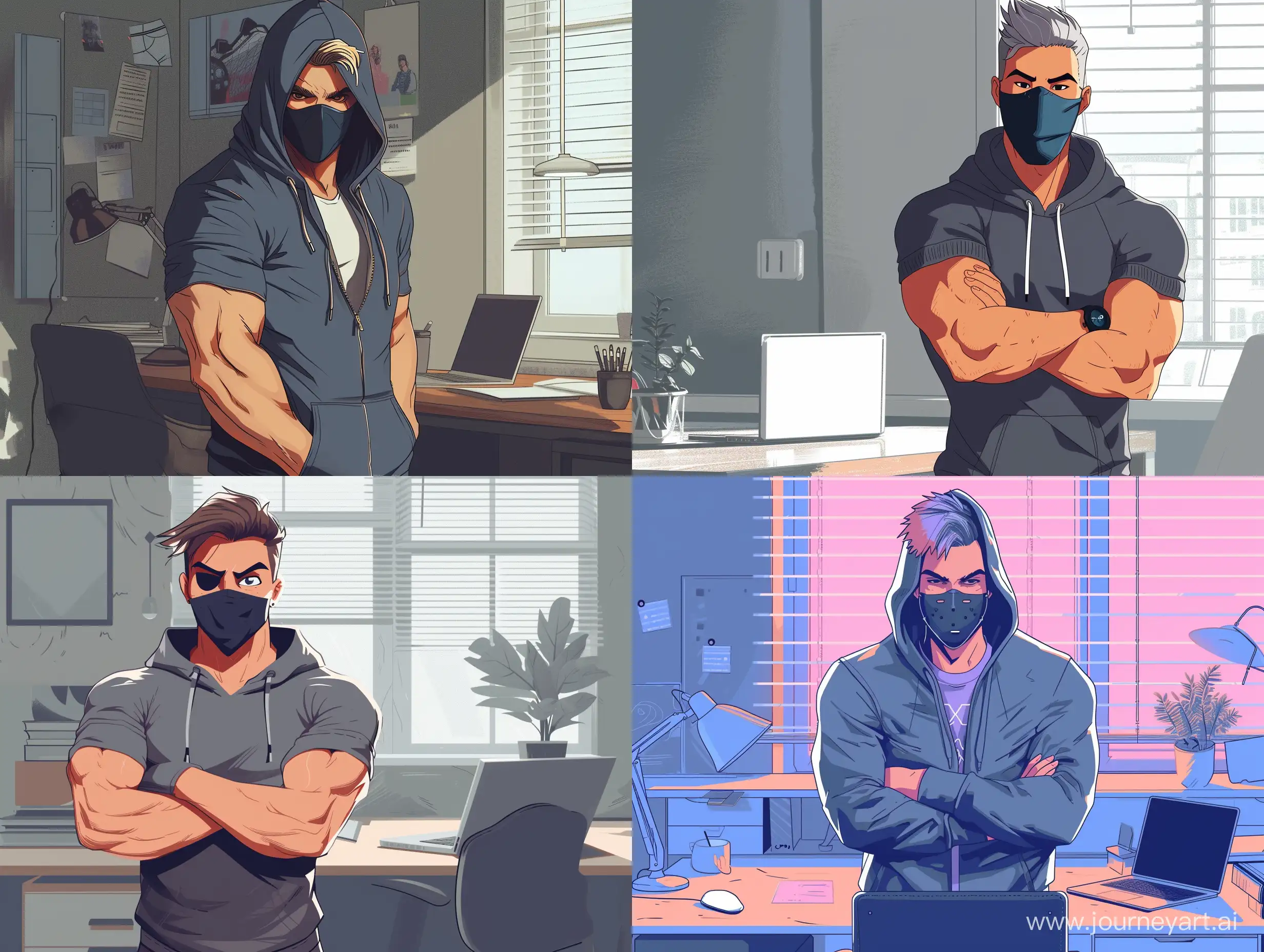 Create a strong handsome man with a mask and a hoodie, cartoon, a desk and a laptop, 8k quality