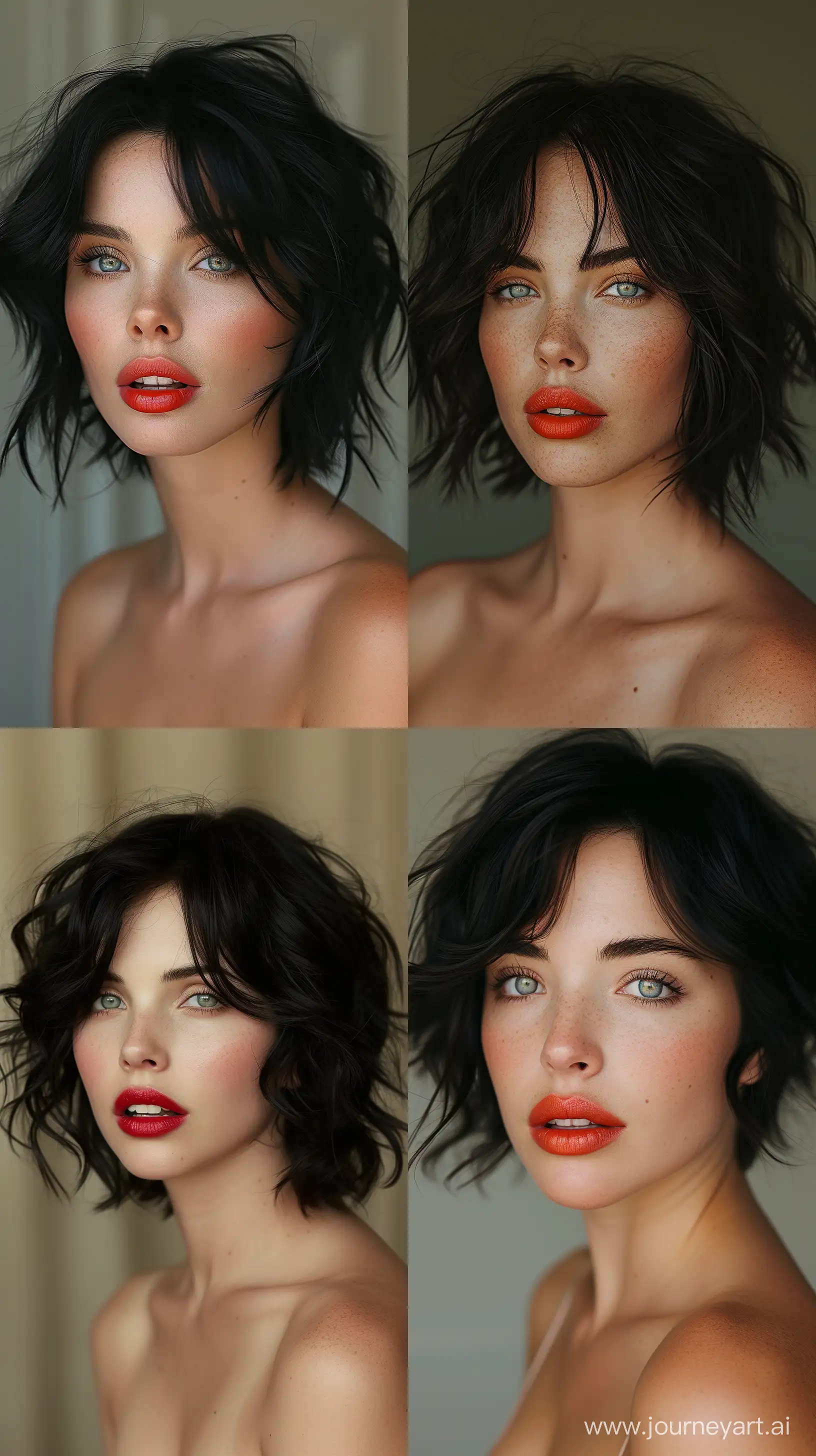 a realistic photo of a [very pretty 35 year old woman], with [short, wavy, blak hair], looks like [Scarlett Johansson] and [Adèle Exarchopoulos ], wearing [Red lipstick], light makeup, looking [innocent, cute, flushed], light skin --ar 9:16 --stylize 750 --v 6