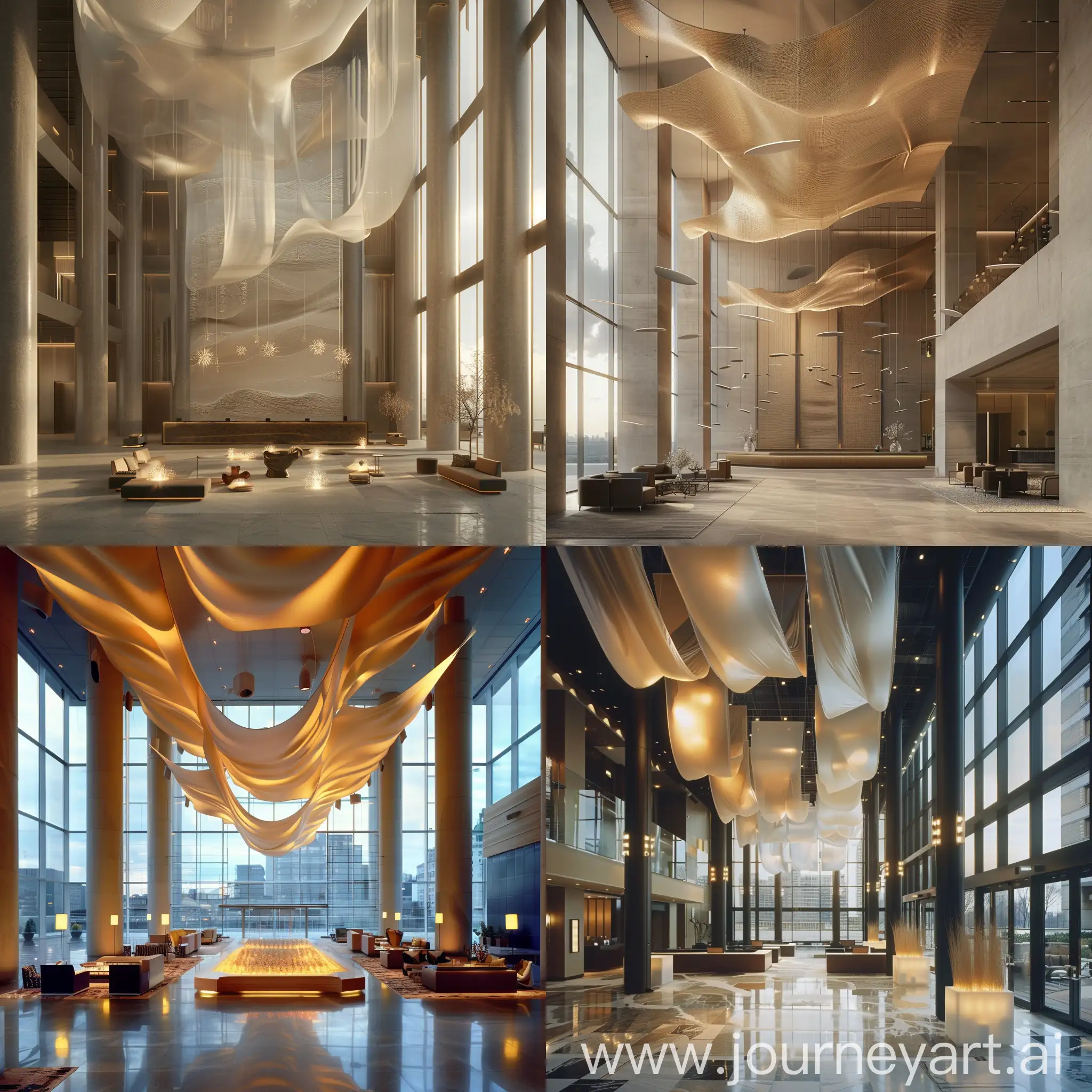 Neo-cosmic hotel lobby, double length floor to celling windows, high celings, swaying modern lights  inspiared by sand dunes, inspiared by central park penthouse arcitecture