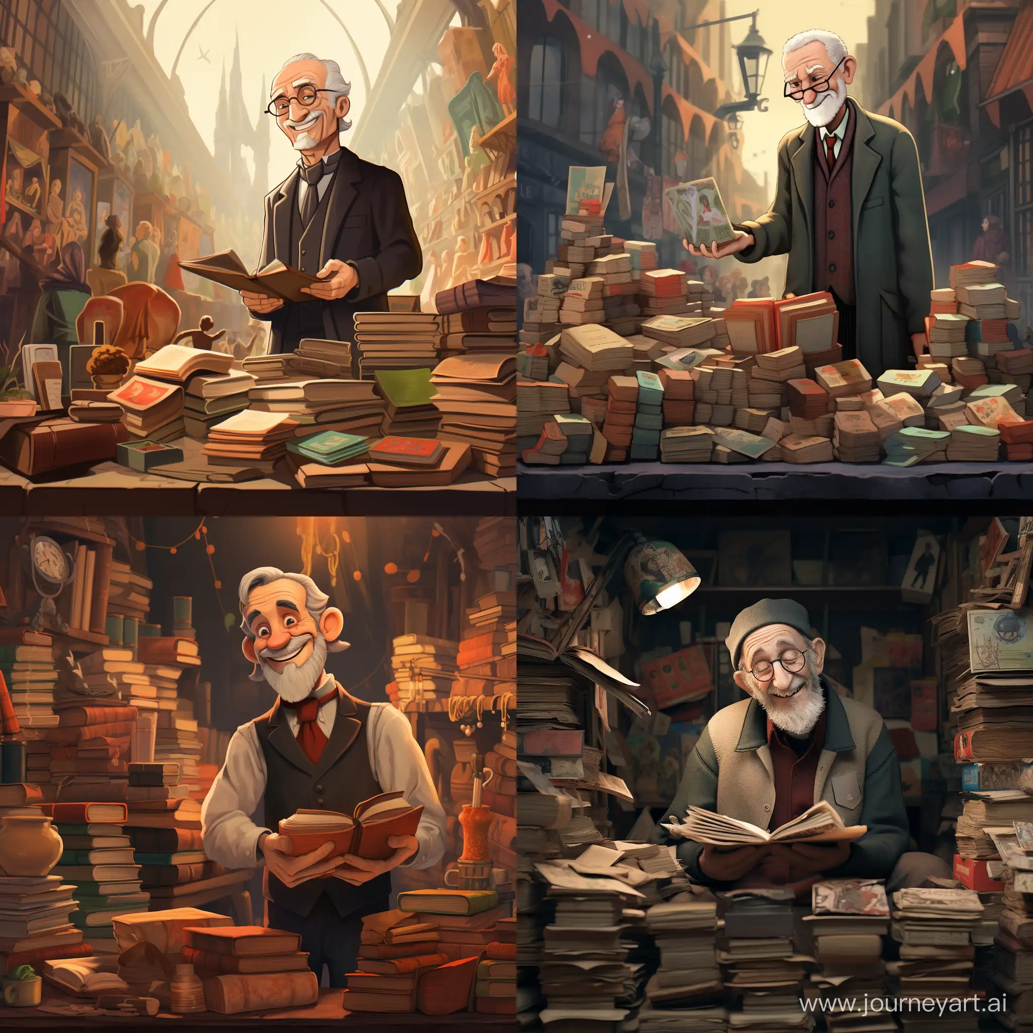 An animated man selling old books