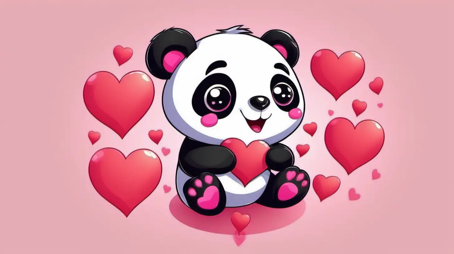 create a cute cartoon panda with love hearts, but not too big