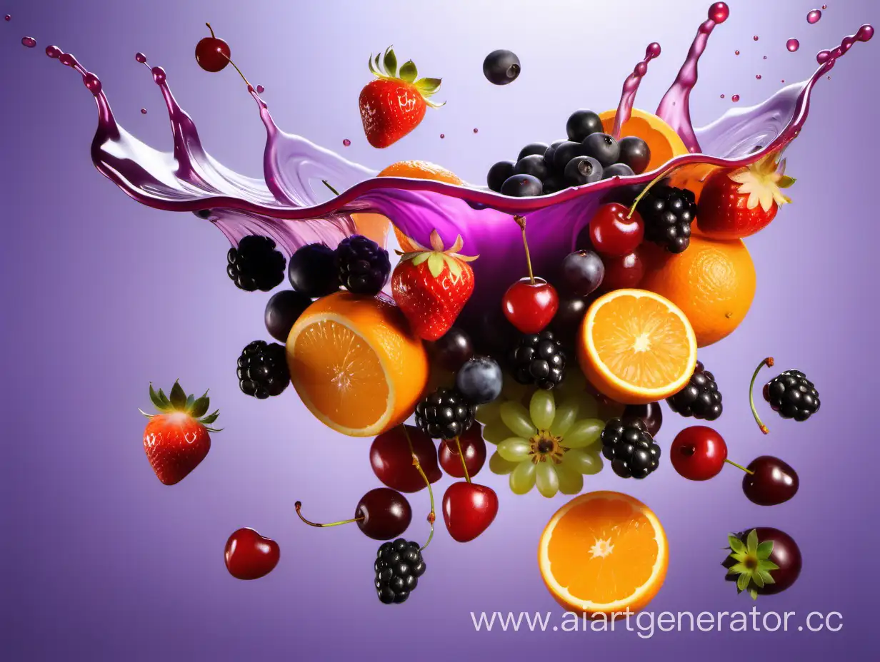 много сочных фруктов, сочные ягоды, апельсин, клубника, вишня, виноград, ежевика, летящие в соке с левой стороны, яркие, вразброс, из них течет много яркого геля, сока, фон светло сиреневый, лавандовый
