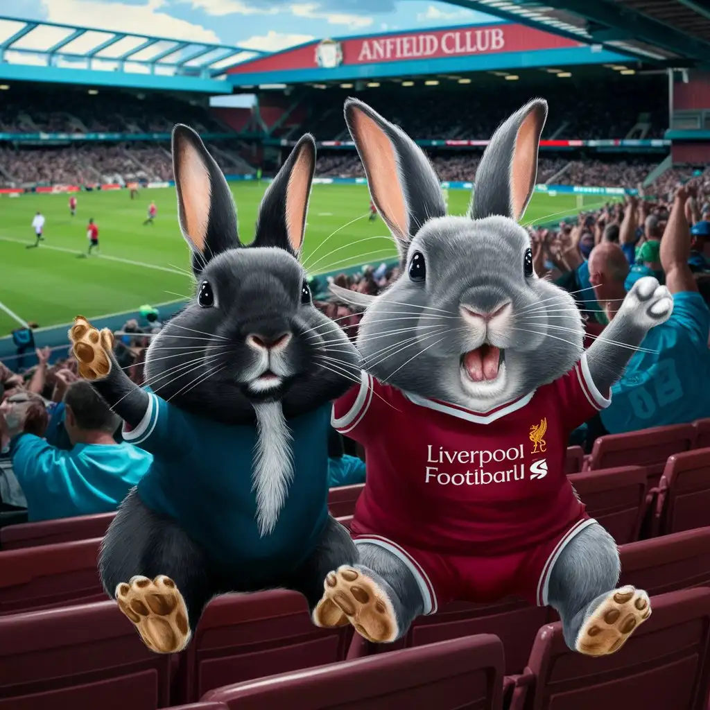 Two (((rabbits))), one black with a ((prominent white stripe running down its chin)) and a slightly larger gray rabbit, Are inside the Anfield football stadium and see a game of the Liverpool football club