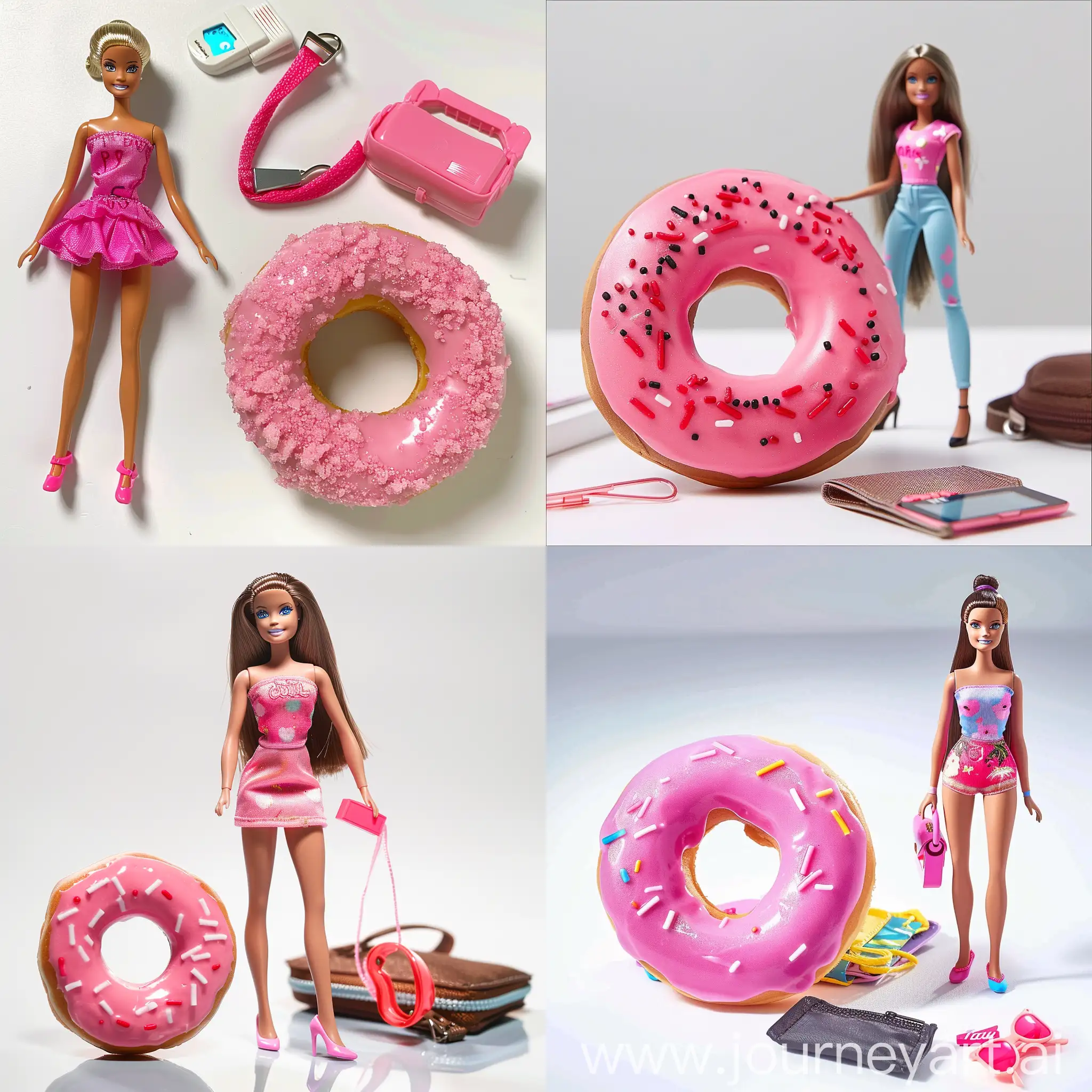 Barbie-Doll-with-Pink-Donut-Sweet-Treat-and-Fashion-Accessories-on-White-Background