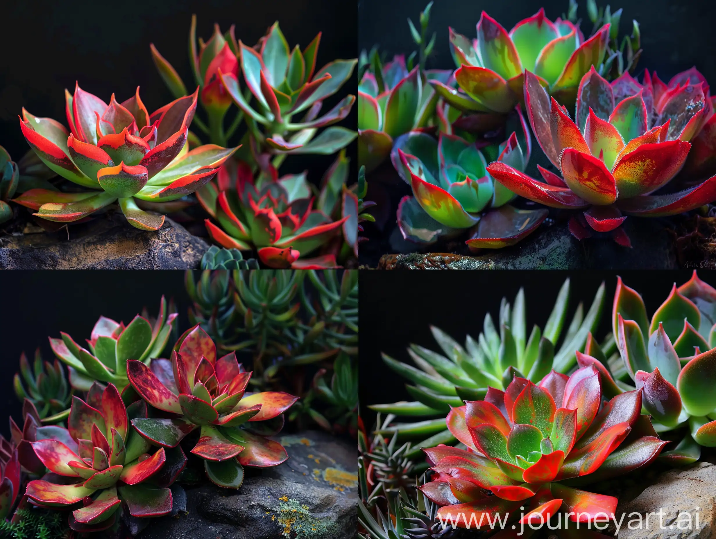 Vibrant-Red-and-Green-Succulent-Plant-Closeup-on-Dark-Background