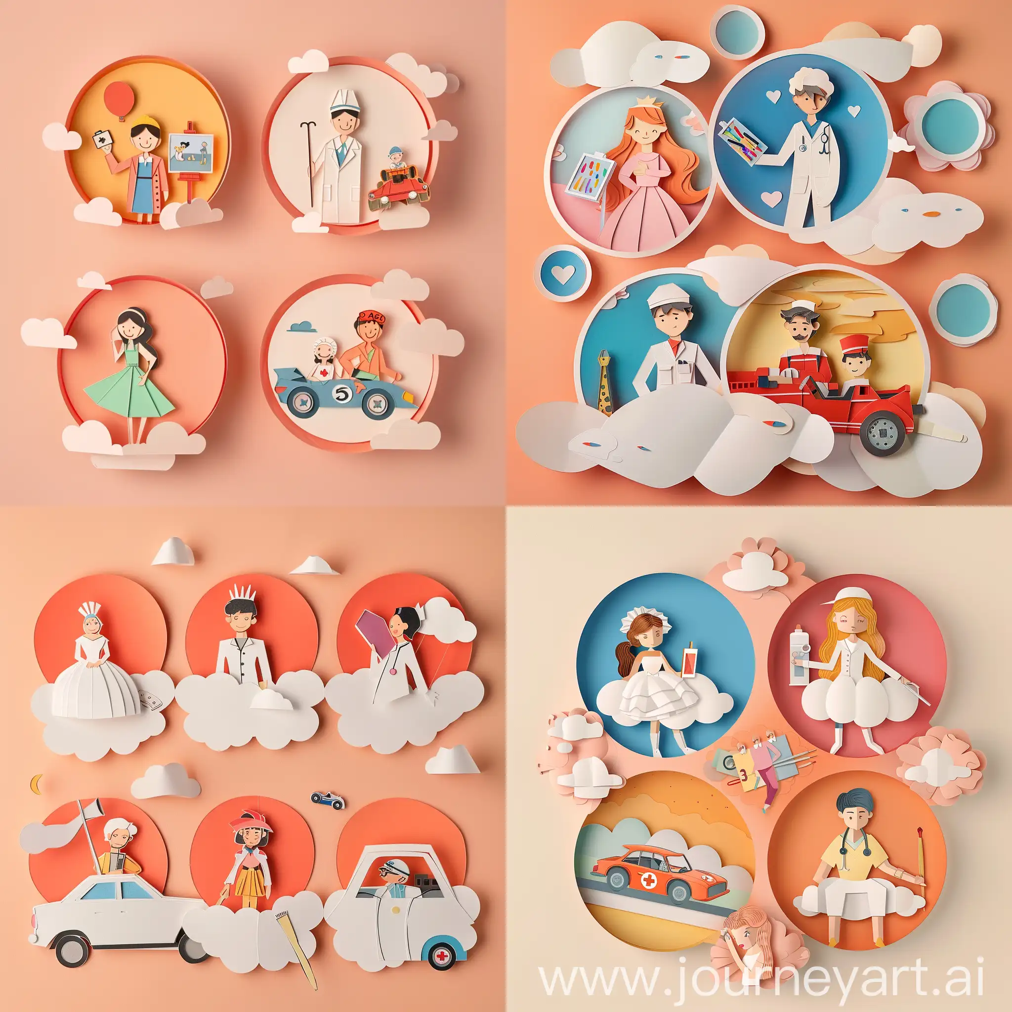 Create papercut art featuring four 3D cartoon thinking bubbles, with a simplistic painter, princess, doctor, and race car driver in each bubble, under a peachy sky