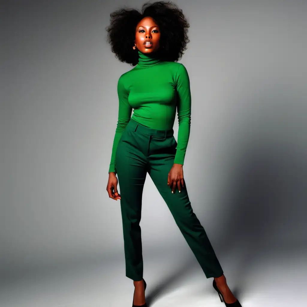 Stylish Black Woman in Green Turtleneck and Pants