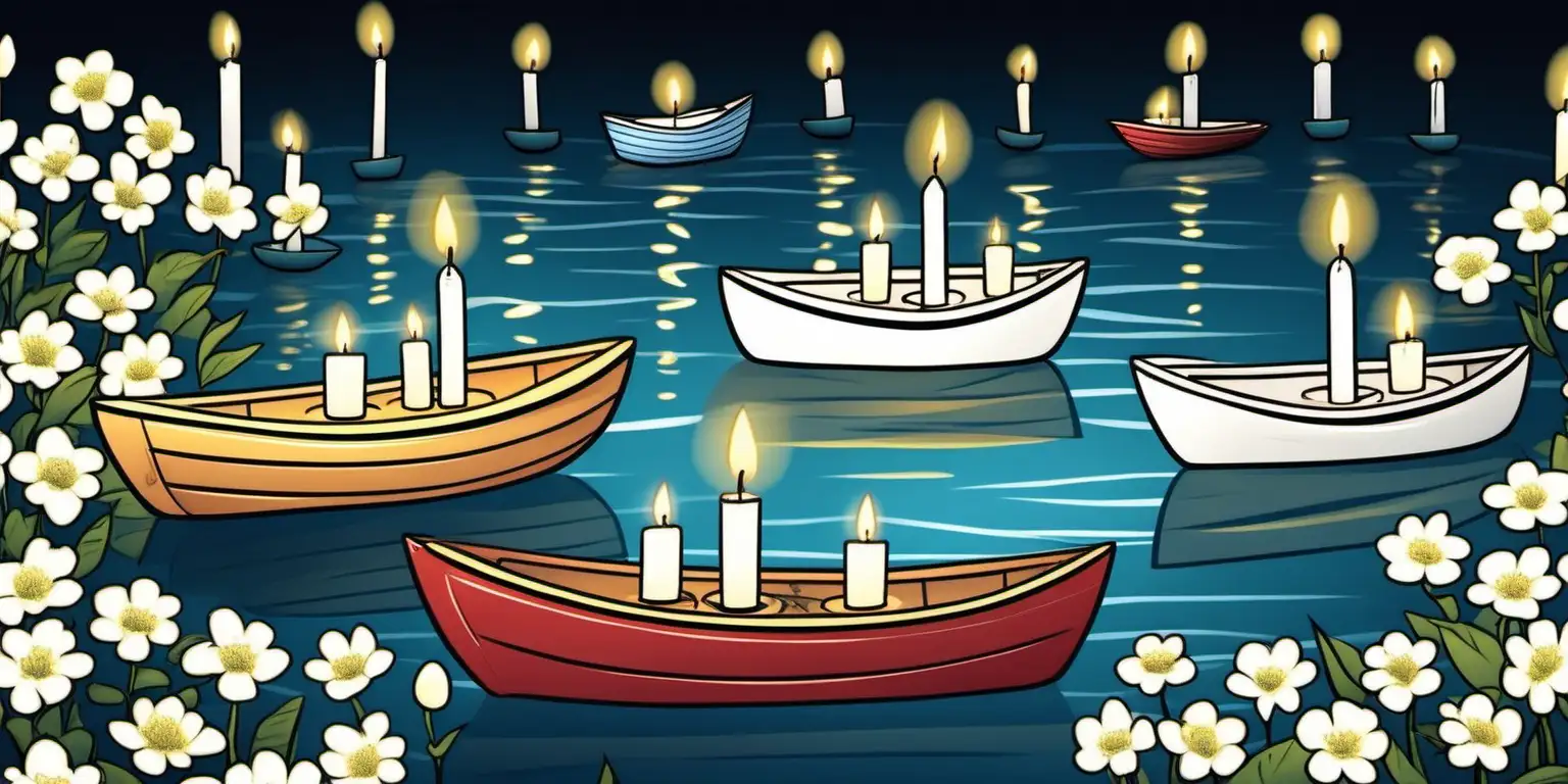 cartoon of small boats with tea light candles and white flowers on them