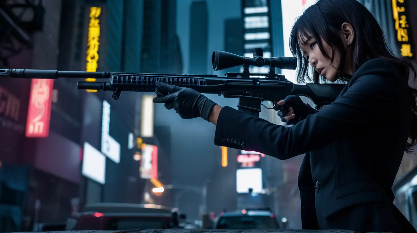 japanese, sexy, woman, operative, aiming a sniper rifle, wearing all black, in manhattan, in style of john wick, atmospheric dust, dramatic lighting, wide shot, magna
