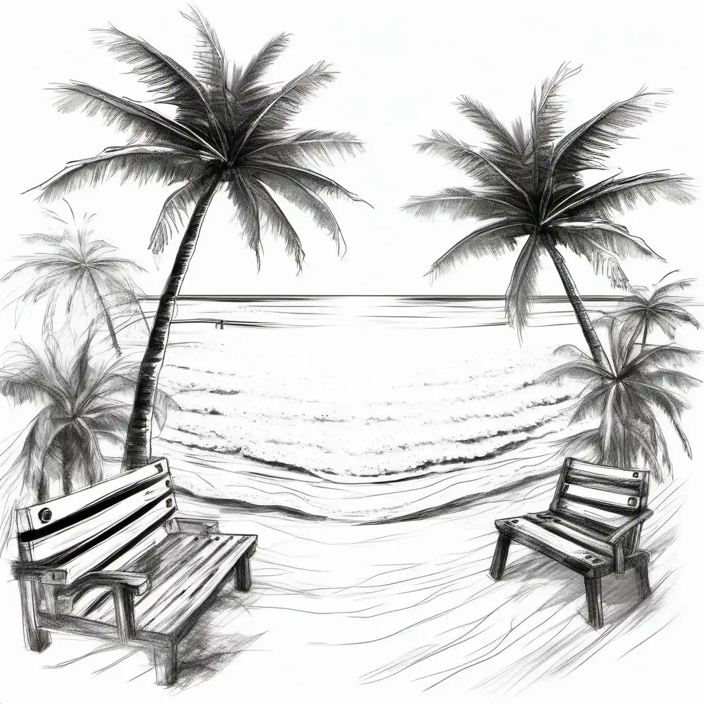 Create a hand sketch of beach holidays.

All the drawing should fit in the image.
No colors. White background. No shades. 