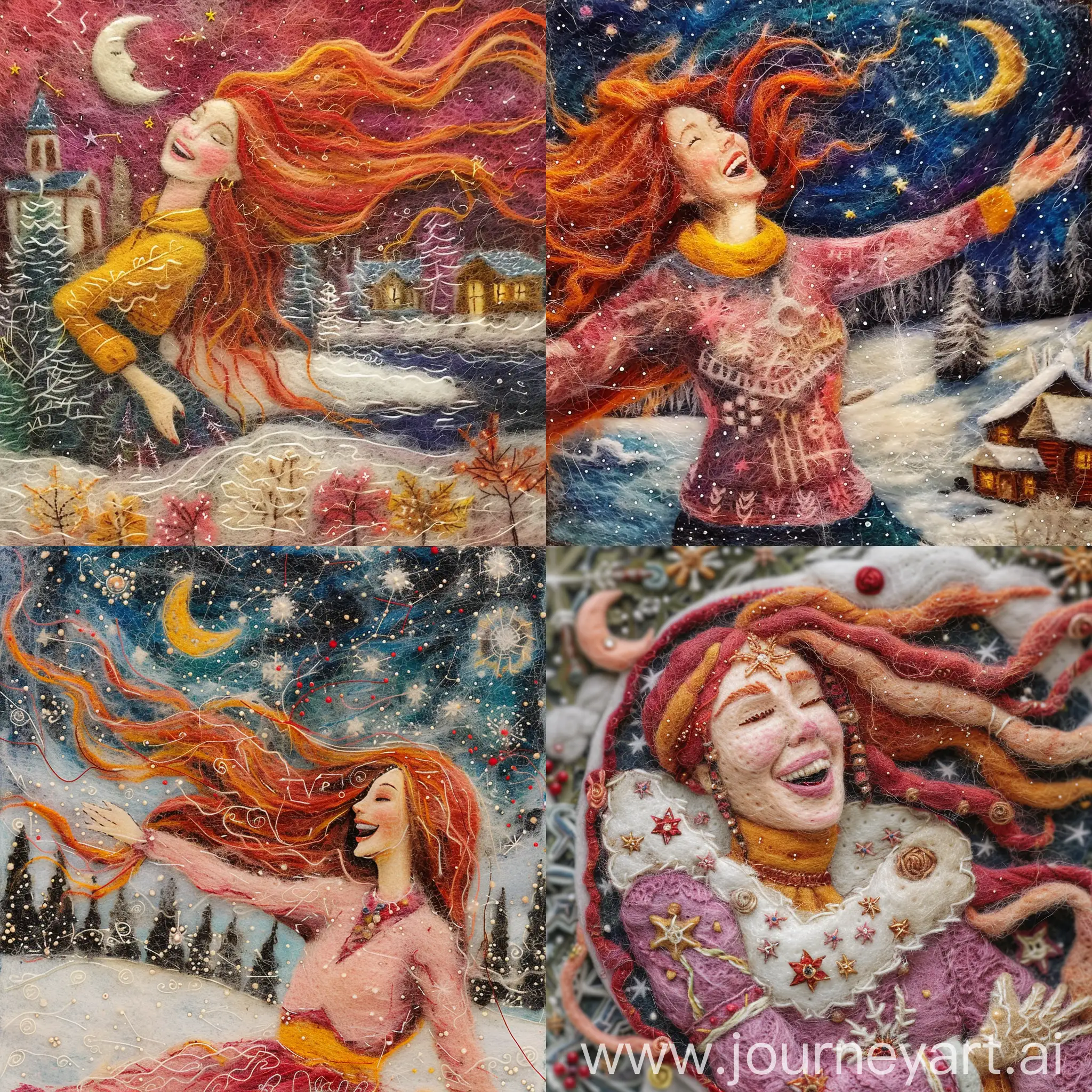a acrylic needle felted picture of a beautiful happy woman with long red hair celebrating winter solstice in the cold ice, astrology aesthetics, moon and stars, in winter in Siberia village, slavic folklore, felted wool, colors pink mustard yellow red, winter