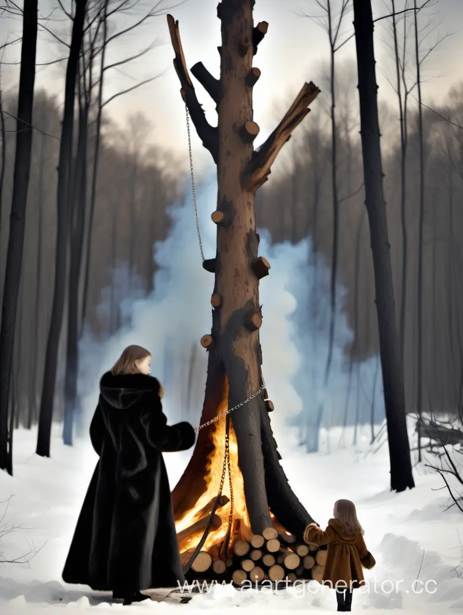 Девушка в длинной шикарной соболиной шубе притягивает цепью к дереву высокую дочь в длинной  шубе, под ногами горят дрова