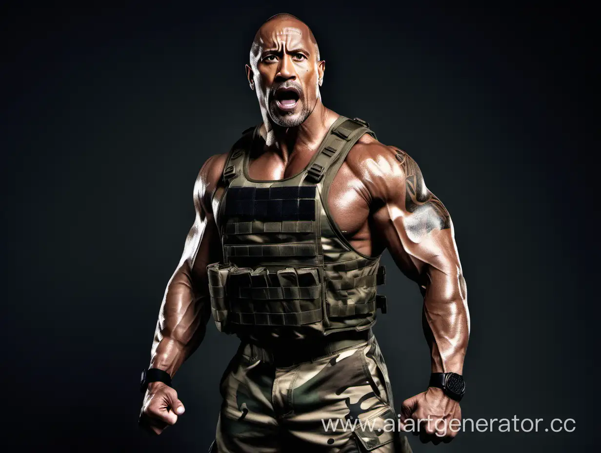 Dwayne The Rock Johnson, full body, military plate carrier, woodland camouflage uniform, muscles, angry face, one person, palms clenched into fists, gladiator, one person, standing still, bodybuilder pose, melee weapon in one hand