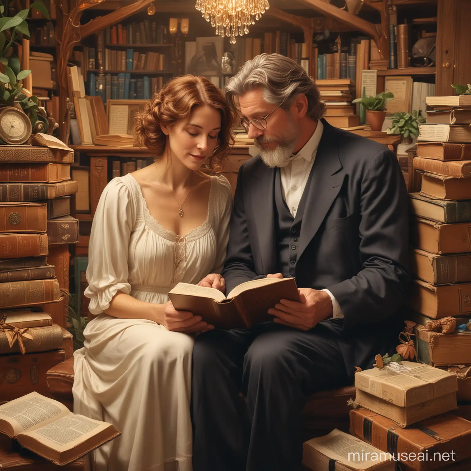 art nouveau style, beautiful middle aged couple, reading bible together, surrounded by boxes full of family heirlooms, finding faith, magical, hopeful 